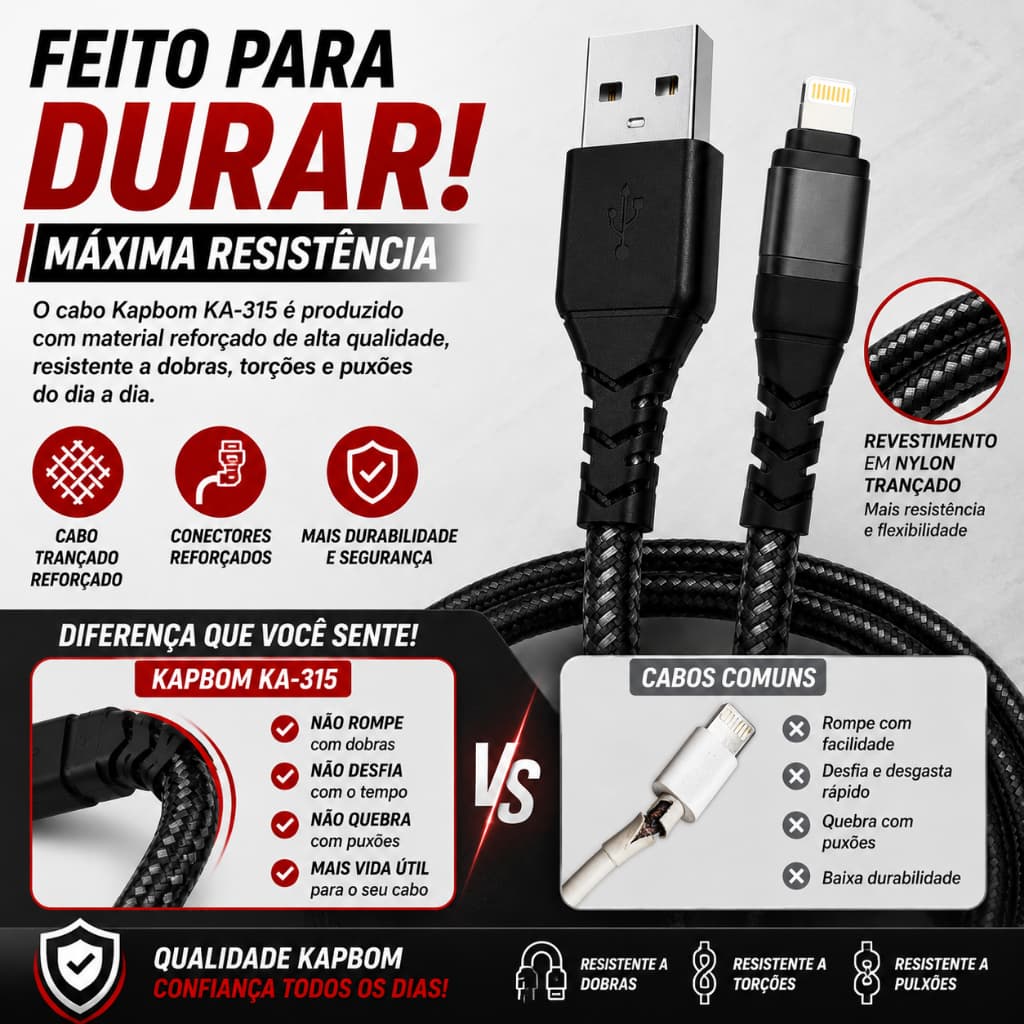 Cabo Lightning 4.8A Carregamento Rápido USB para iPhone 1 Metro Reforçado Kapbom