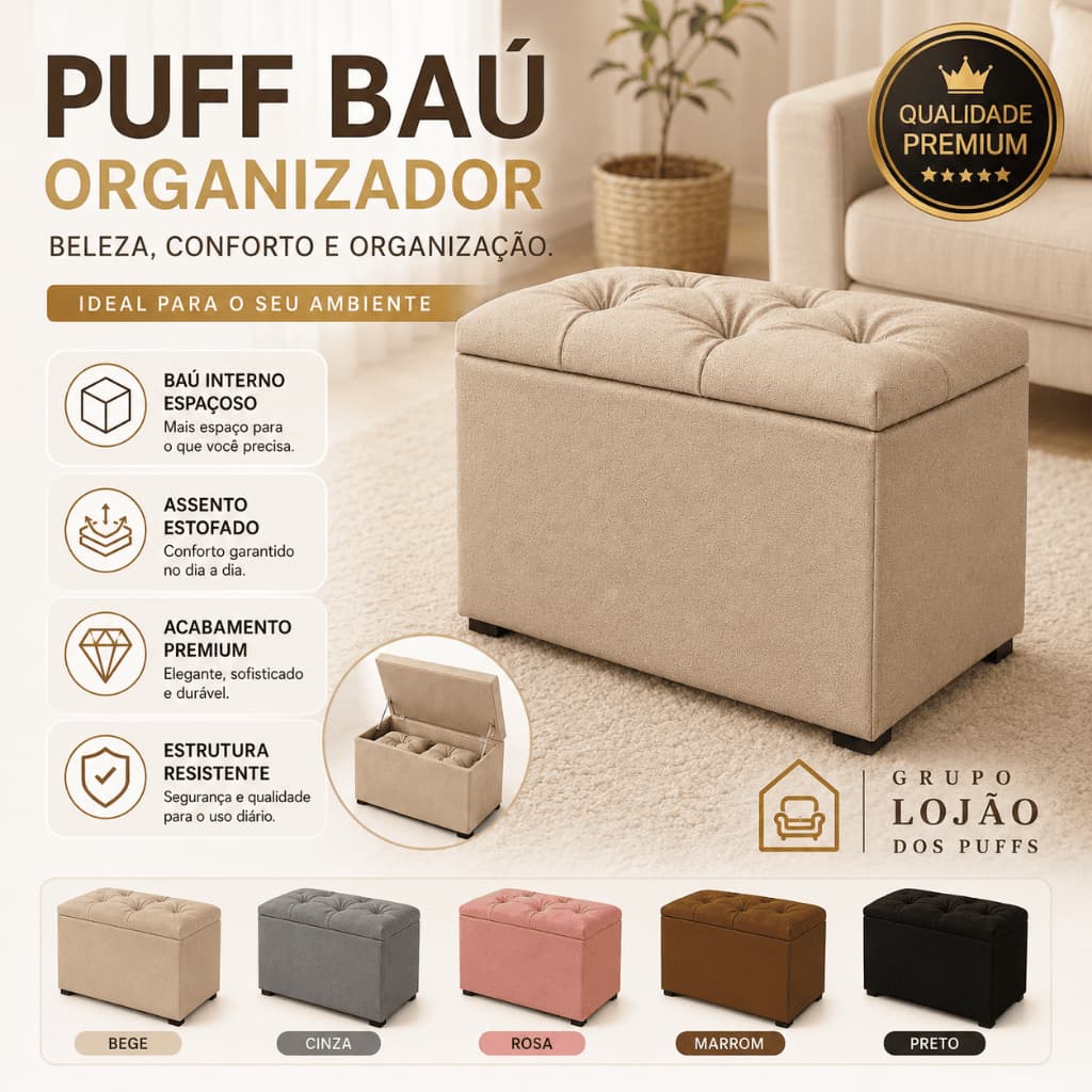 PUFF BAÚ EM SUEDE ORGANIZADOR ESTOFADO MULTIUSO QUARTO SALA CASA PENTEADEIRA ROUPAS SAPATO BRINQUEDO
