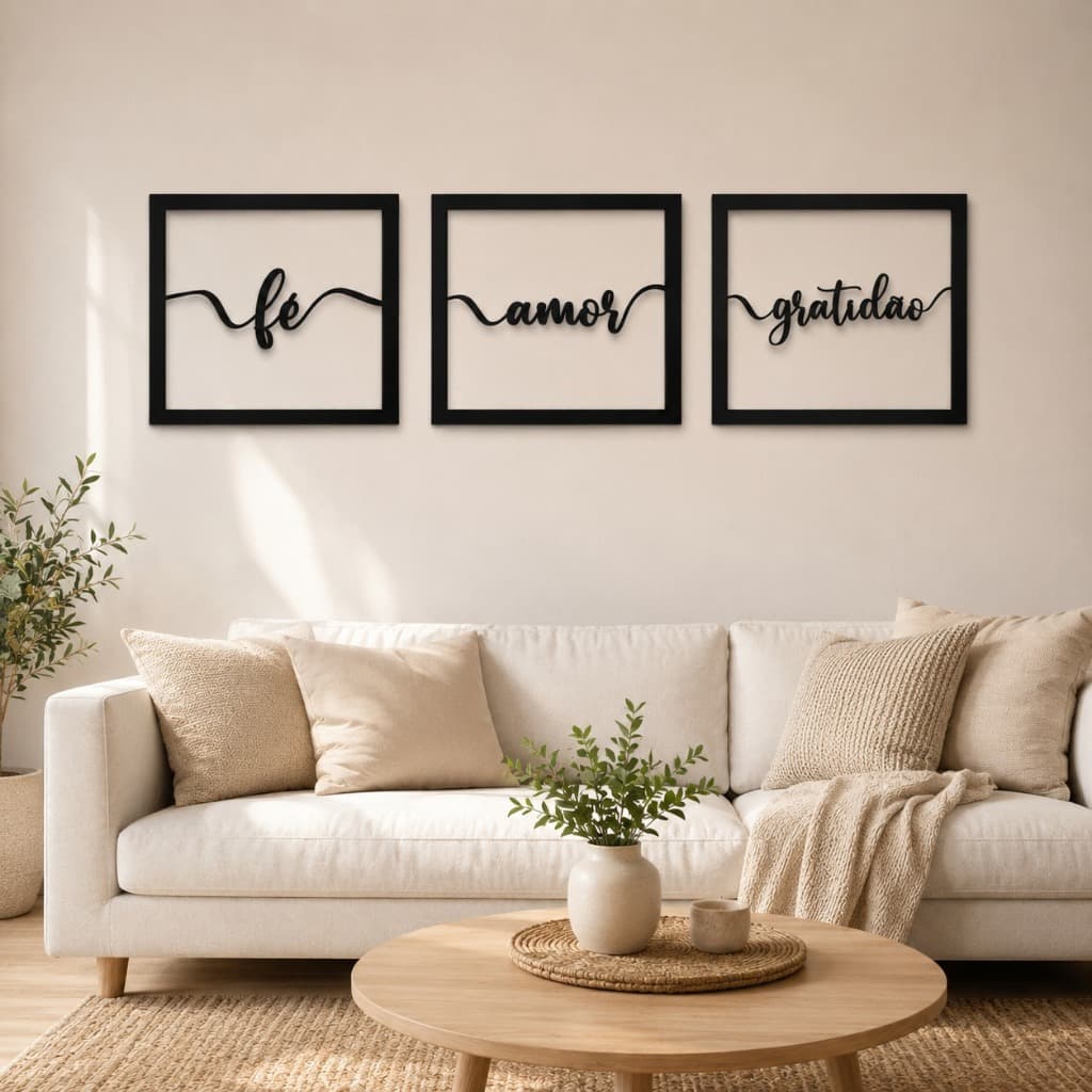 Kit 3 Quadros Decorativos MDF de Parede Para Quarto E Sala Amor Fé e Gratidão