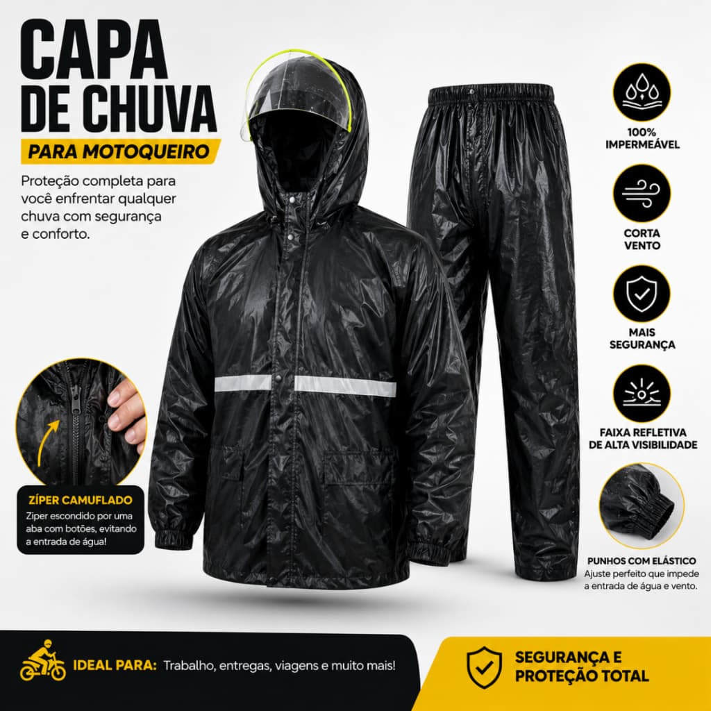 Conjunto capa de chuva preta com faixa refletiva impermeável com capuz viseira motociclista unisex