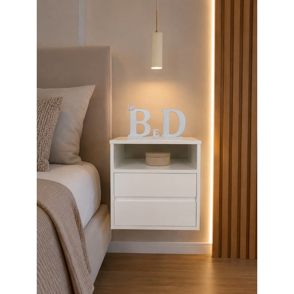 Mesa de Cabeceira Suspensa 2 Gavetas 1 Nicho 40x45x30 em MDF Branco