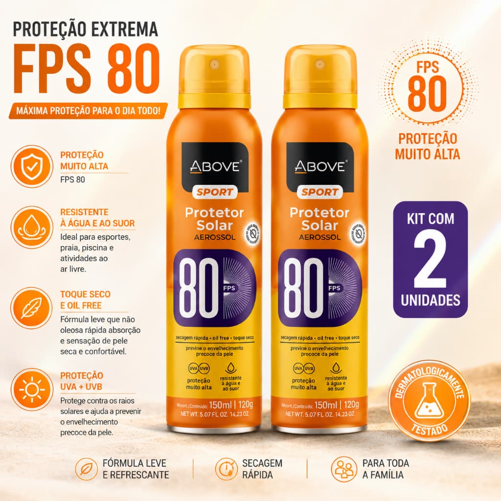 Kit 2 Protetor Solar Above Sport FPS 80 Aerossol Oil Free 150ml Resistente à Água