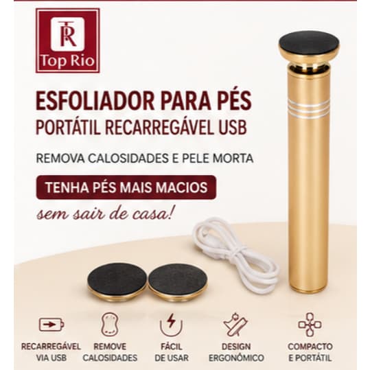 ESFOLIADOR PARA PÉS PORTÁTIL RECARREGÁVEL USB TOP RIO REMOVE CALOSIDADES COM 3 LIXAS E 2 DISCOS ELÉTRICO