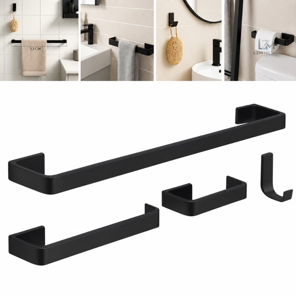 Kit Banheiro 4 Peças Acessórios Quadrado Preto Fosco Porta Toalha Papeleira Saboneteira Cabide