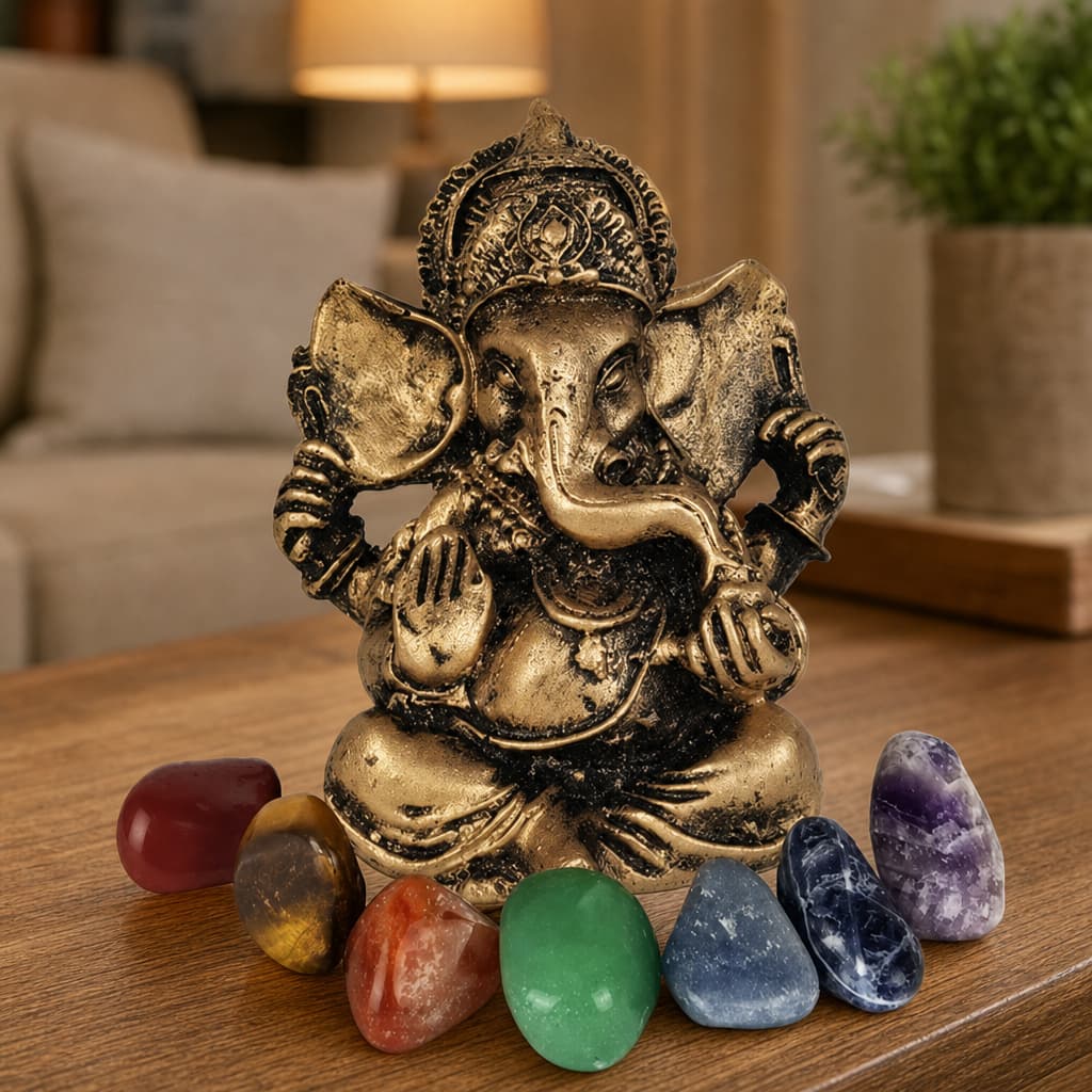 Ganesha Deus Hindu Prosperidade 9,5cm + Kit 7 Pedras Chakras - Decoração Enfeite Zen Paz