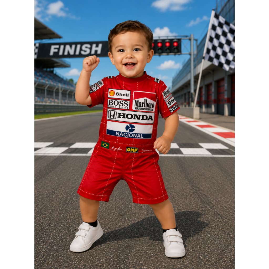 Fantasia Infantil Piloto de Formula 1 Ayrton Senna Roupa Macacão Menino Leve e Confortável Profissão