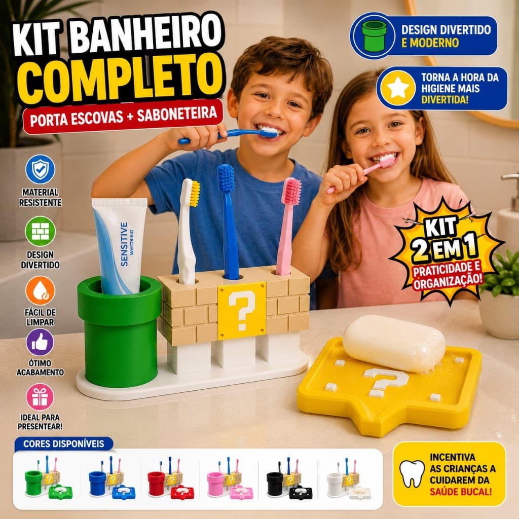 Kit Banheiro Porta Escovas de Dente + Saboneteira Estilo Cano Porta Creme Dental Organizador de Pia Suporte Escovas Deco
