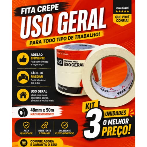 Kit 3 Fita Crepe Adere Larga para Uso Geral 48mm x 50m