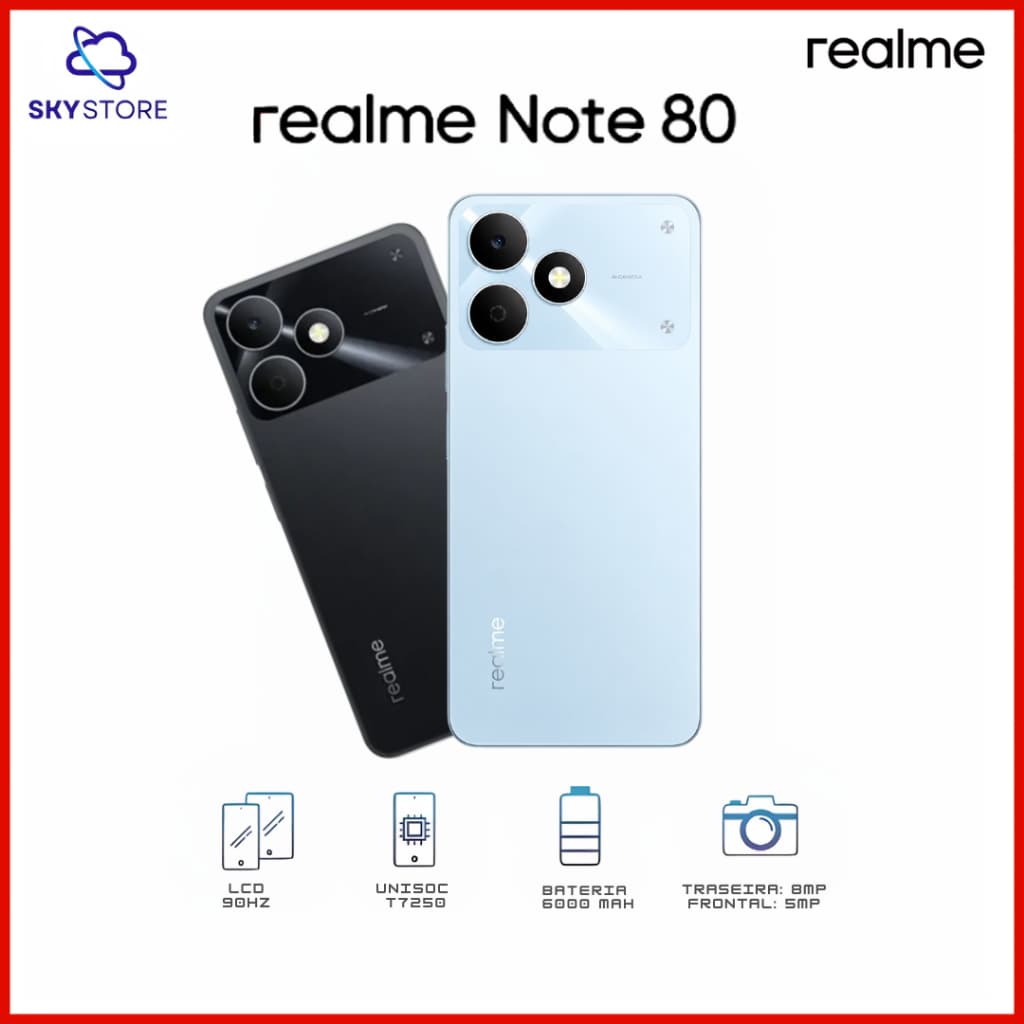 Realme Note 80 4G, Versão Global, 128GB/4GB RAM, Processador Unisoc T7250, Bateria 6000mAh