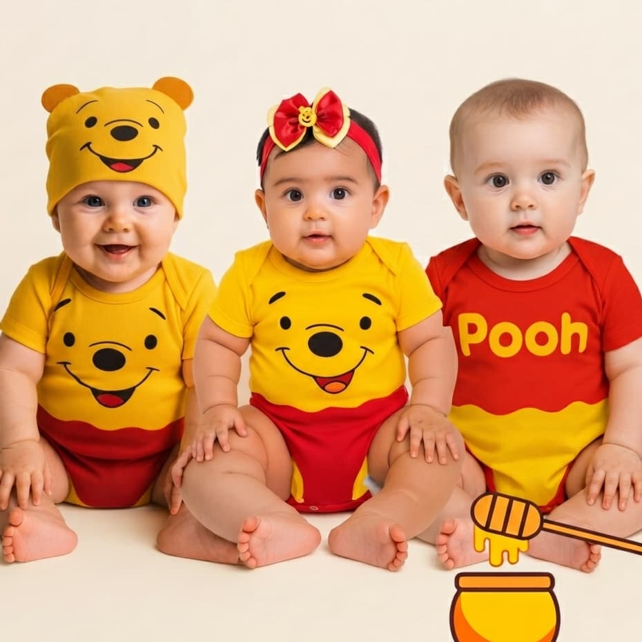 Body Bebê Infantil Mêsversário Temático Ursinho Pooh Para Menino E Menina 100% Algodão Super Confortável Linha Premium