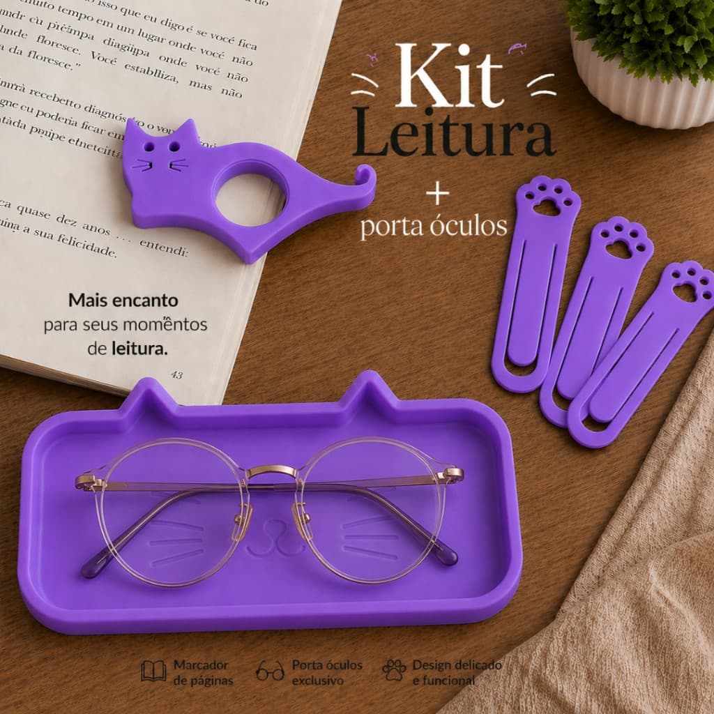 Kit de Leitura Gatinho com Bandeja Porta Óculos e Marcadores de Página Patinhas - ROXO