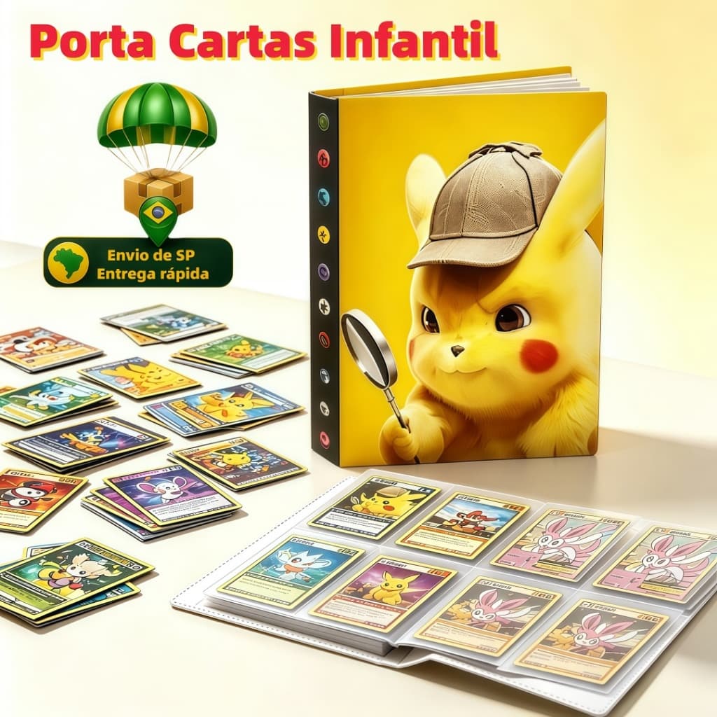 Álbum Pokémon Pikachu Detetive 240 Cartas Pasta Porta Cards Coleção Infantil Organizador Presente