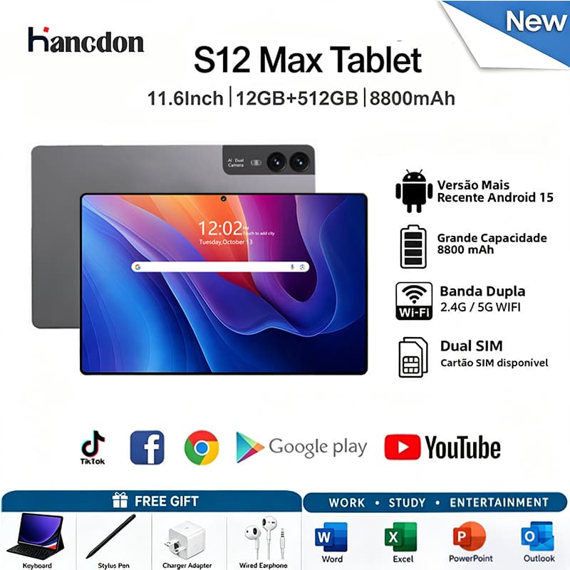 Hancdon S12 Max Tablet 11.6" | 12GB RAM + 512GB ROM | Bateria 8800mAh | 5G + Wi-Fi MTK6799