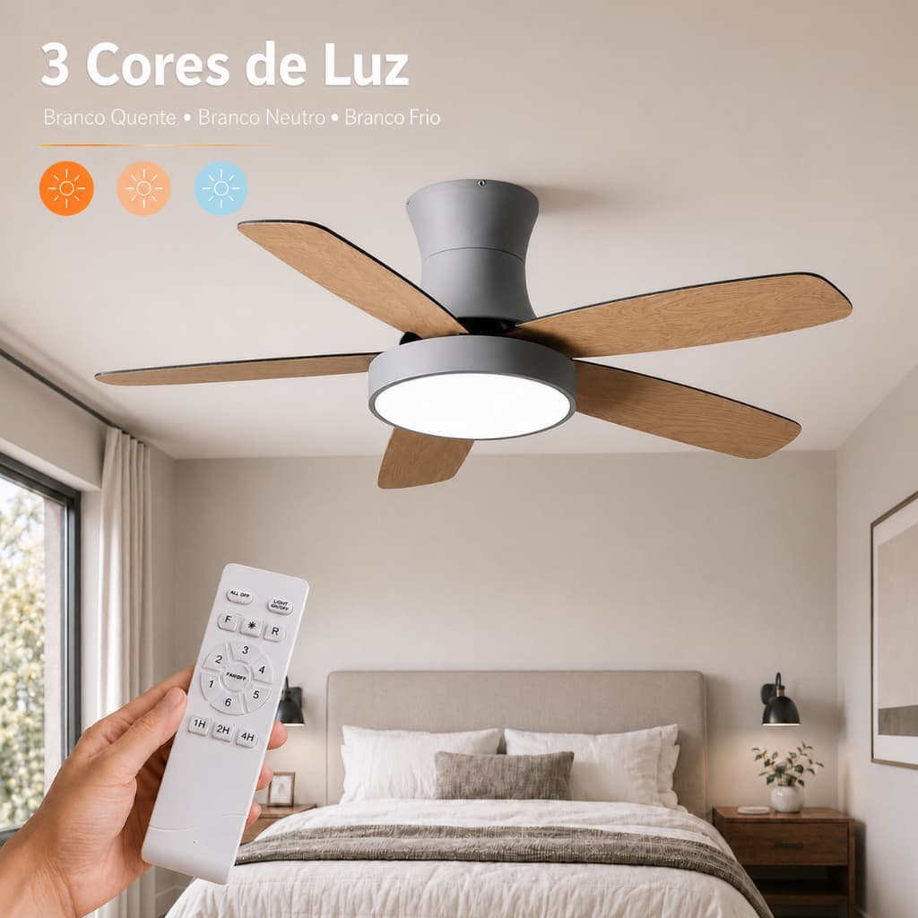 3 Cores Ventilador Plafon LED 72W Bivolt Controle Remoto Timer 6 Velocidades Sala Quarto