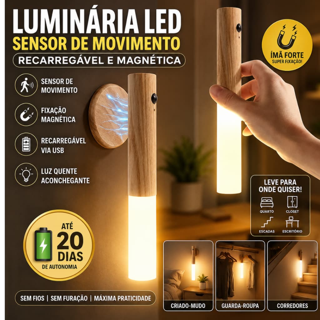 Luminária LED Recarregável Sensor de Movimento Magnética Arandela de Madeira Sem Fio USB Parede Mesa Minimalista