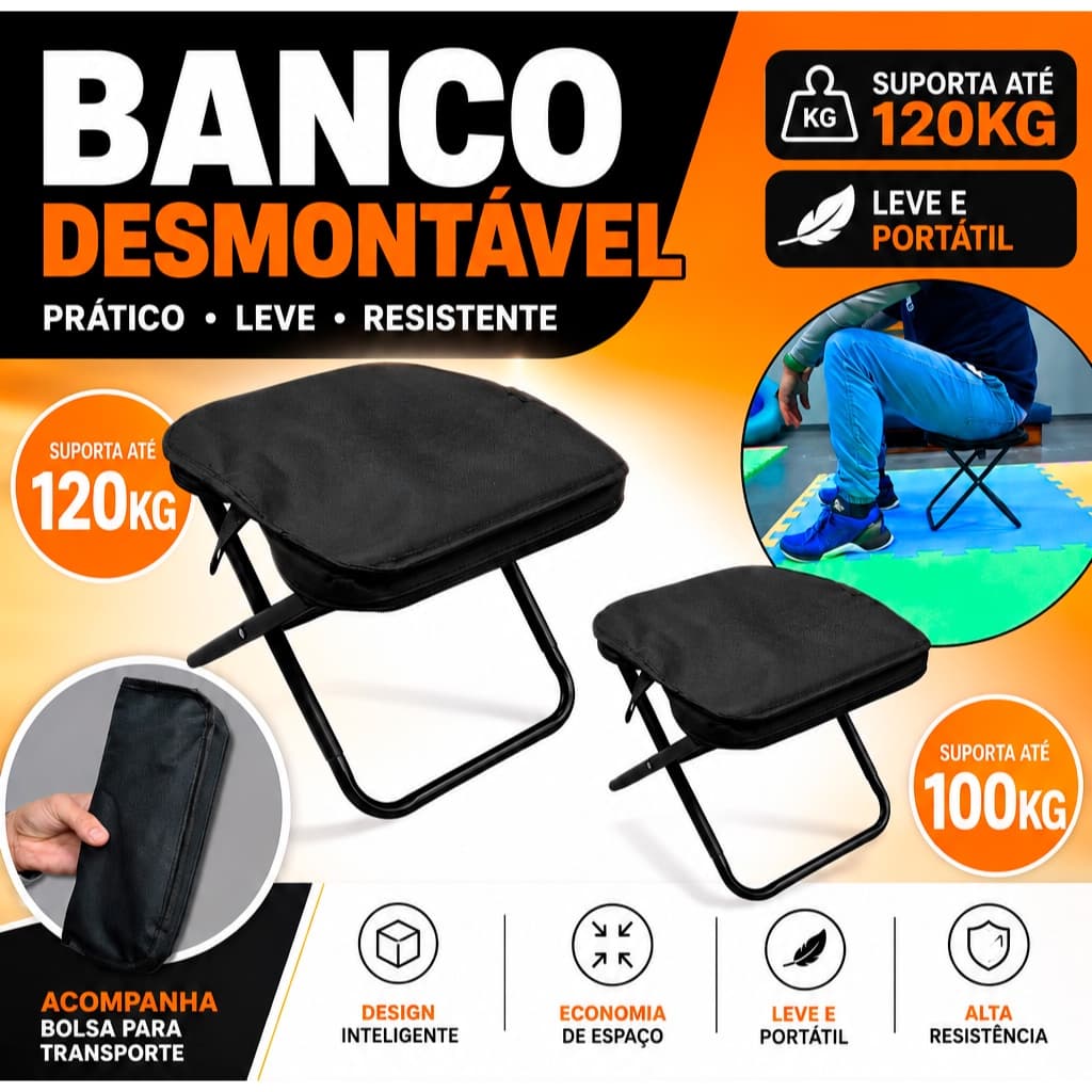 Banco Dobrável Portátil de Aço com Estrutura Leve e Resistente Banqueta Banquinho Camping Parque Pesca Pescar Lanmax