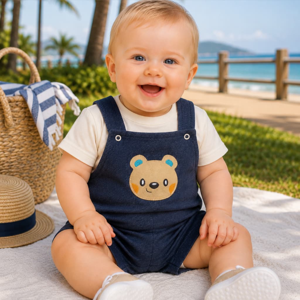 Romper Jeans Bebê Menino com Bordado + Camiseta Algodão Lisa para o Verão