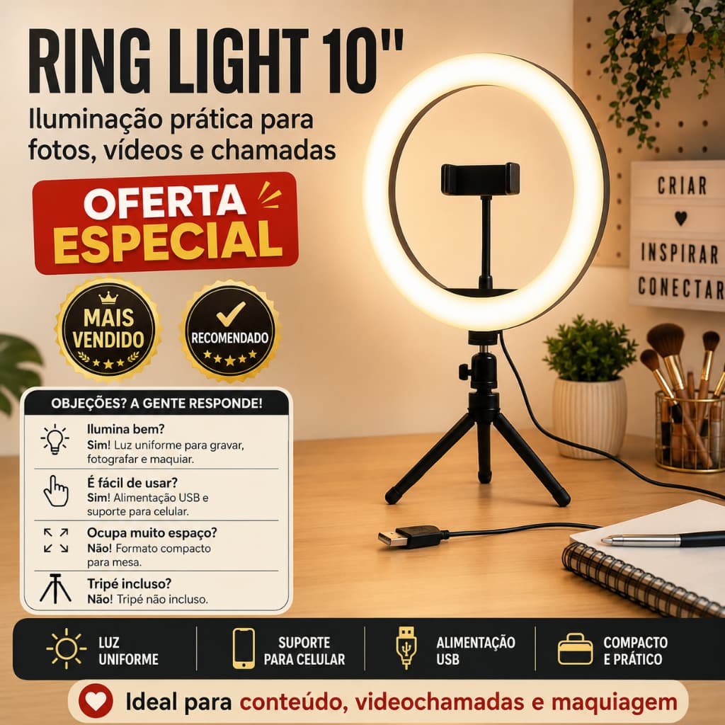 Ring Light Iluminador Anel Luz com suporte para celular  26cm 10 Polegadas 15w (tripé não incluso)