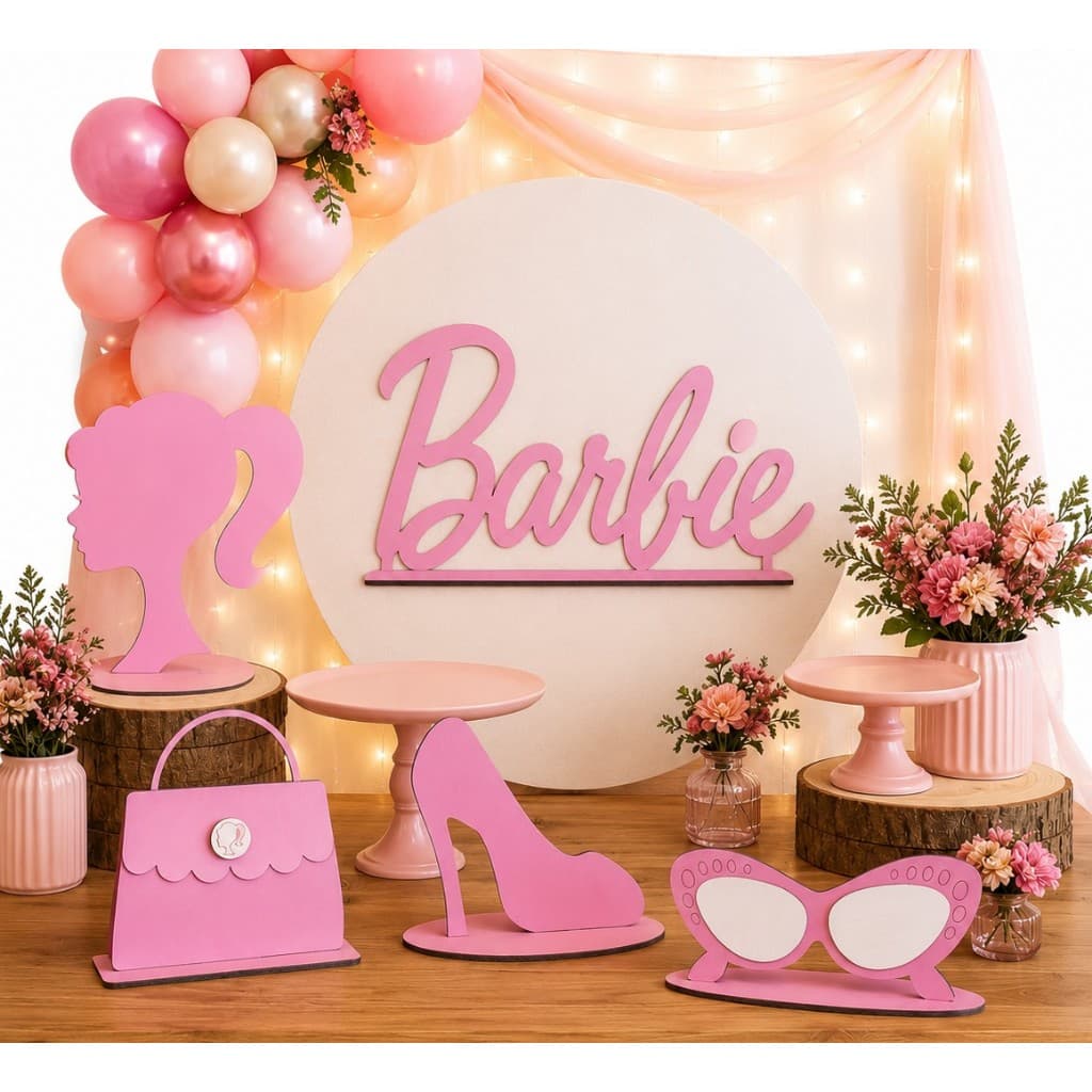 Kit 5 Peças Centro de Mesa Display Festa Decoração Rosa Barbie Aniversário Infantil Adulto