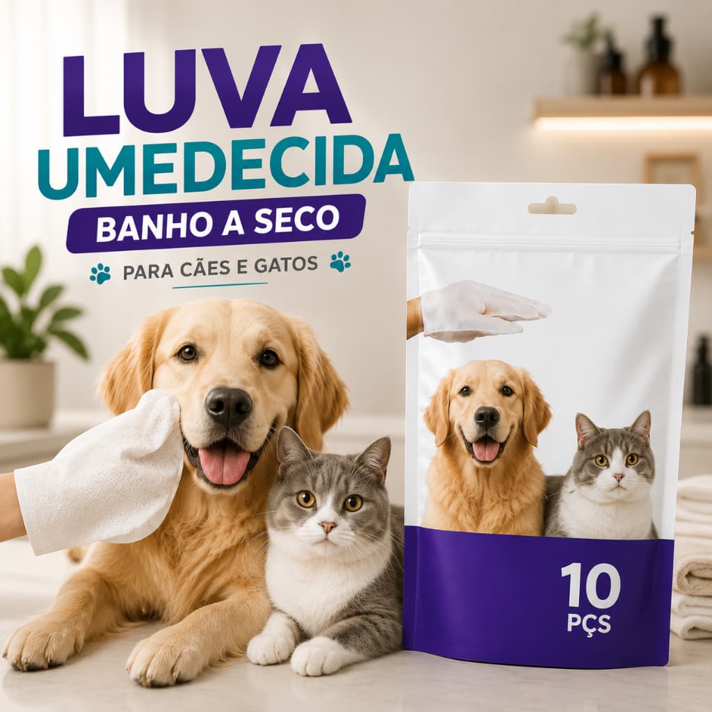 Luva Lenço Umedecido Pet Descartável Banho A Seco Higiene Limpeza Para Cachorro E Gato 10 Unidades
