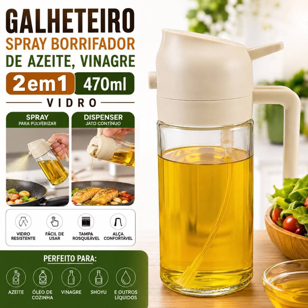 Spray Borrifador Dosador 2 em 1 Vidro Azeite Vinagre Óleo Galheteiro Cozinha 470ml