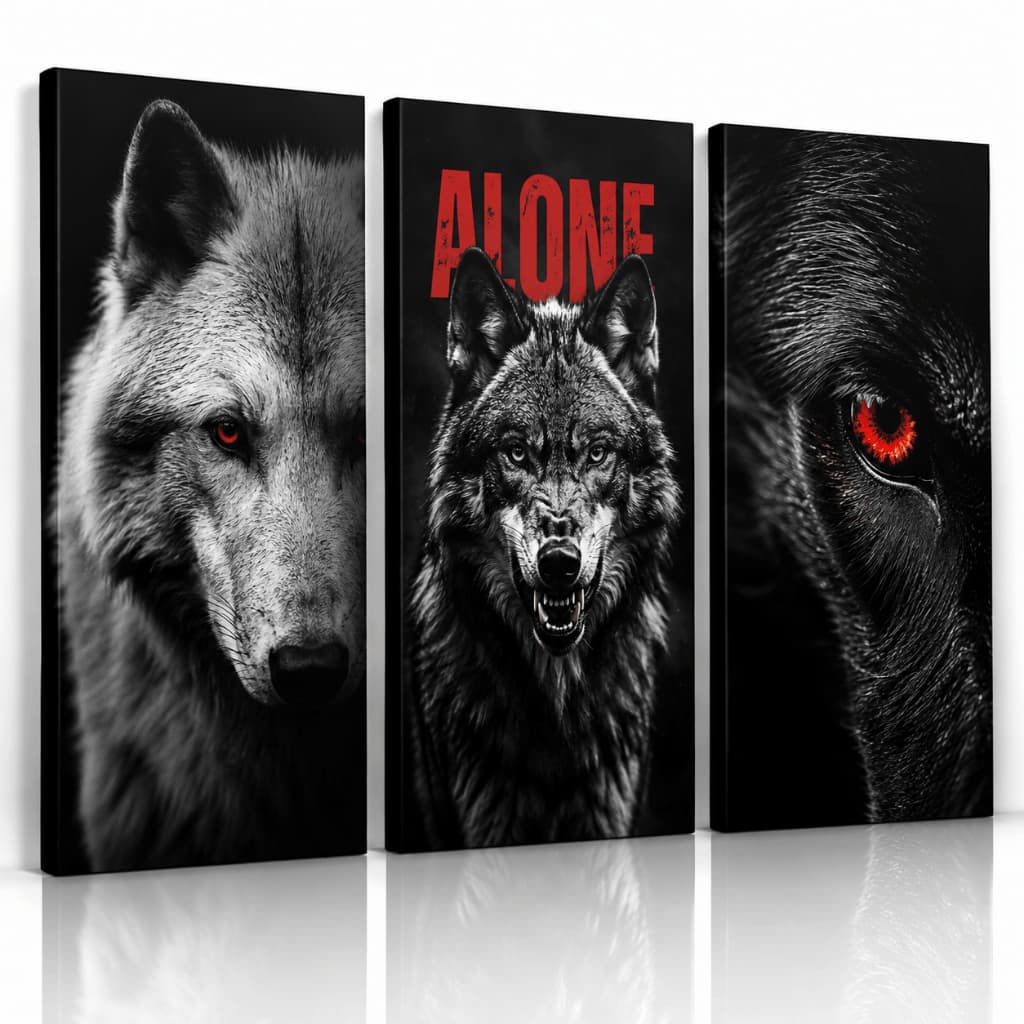 Kit 3 Quadros Decorativos Lobos Alone Preto Branco e Vermelho para Sala Quarto Gamer Escritório
