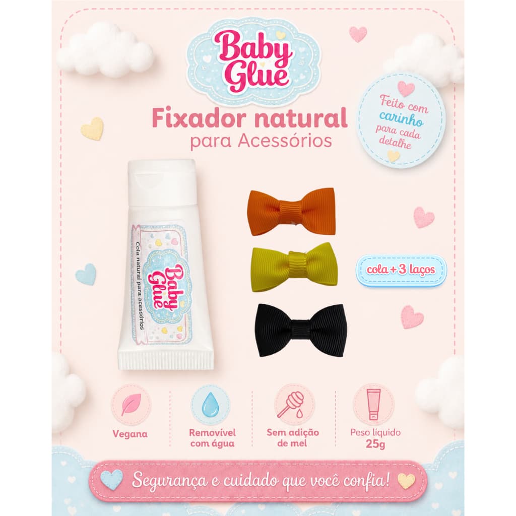 Kit Baby Glue Cola para Laço de Bebê + 3 Laços Sortidos para RN Menina, Recém-Nascida e Bebê Sem Cabelo