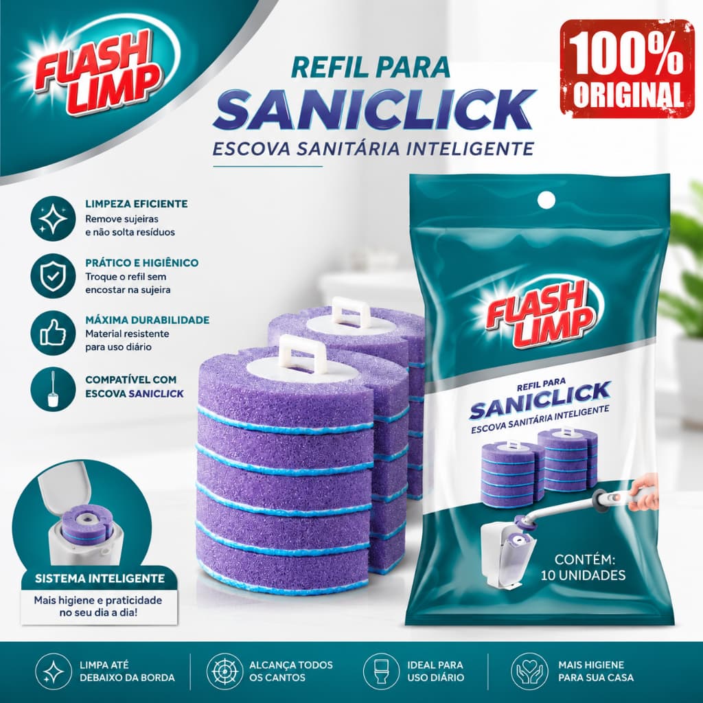 Refil Escova Sanitária Saniclick Flash Limp Descartável Vaso Sanitário Kit Com 10 Unidades