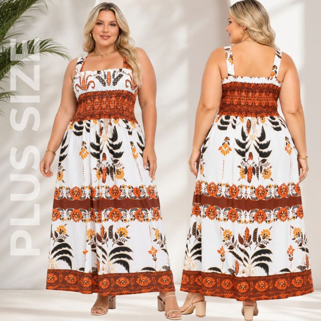 Vestido Moda Maior Longo Estampado e Liso. Plus Size Elegante Alça Babado Busto Lastex Confortável Sofisticado