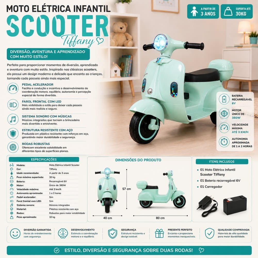 Moto Elétrica Infantil Scooter 6V - Tiffany Motinha