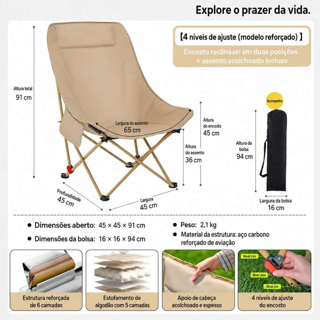 Cadeira Moon Chair Dobrável p/ Camping/Pesca, Reclinável Encosto Alto, Assento Largo Ajustável 4N, 2,1kg / Bolso