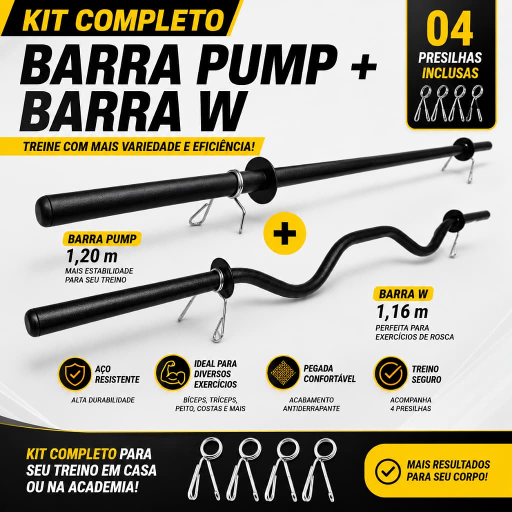 KIT BARRA RETA BODY PUMP 1,20M+ BARRA W 1,16M COM PRESILHAS ACADEMIA MUSCULAÇÃO