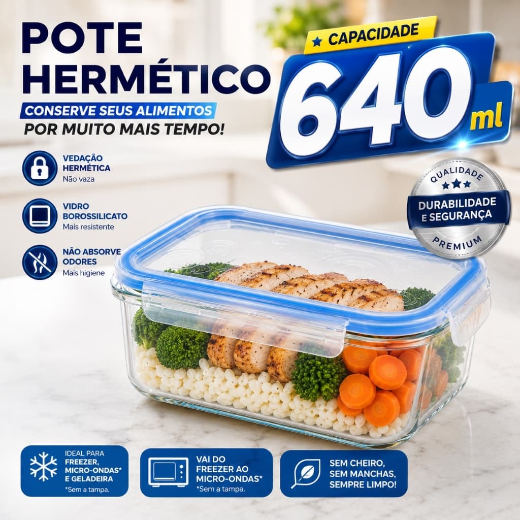 Pote Hermético Vidro Borossilicato 640ml Retangular Tampa com Vedação Antivazamento Marmita