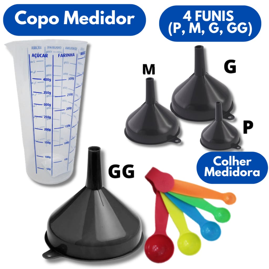 Colher medidora + Funis de Plástico (P, M, G e GG) Cor Sortida +  Copo Medidor com Bico Cozinha