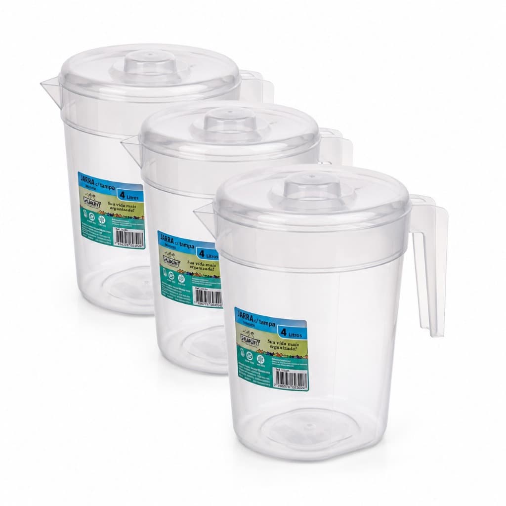 Kit Jarras de Suco 4 Litros Plástico Tampa Transparente Geladeira Cozinha Mesa Casa Bar Família