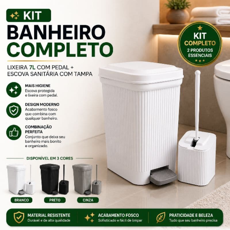 Kit Lixeira 7L com Pedal + Escova Sanitária com Tampa Higiênica | Banheiro Lavabo Design Moderno Fosco Evita Odores