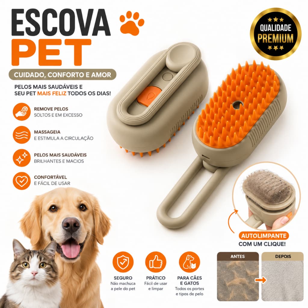 Escova Pet A Vapor 3 Em 1 Removedor Pelos Para Gatos E Cães Cor Branco/champagne
