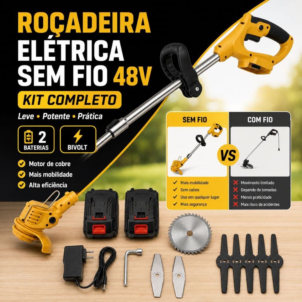 Cortador de Grama Portátil a Bateria 48V Sem Fio com 2 Baterias para Jardim Quintal Gramado Mato Área Externa e Casa
