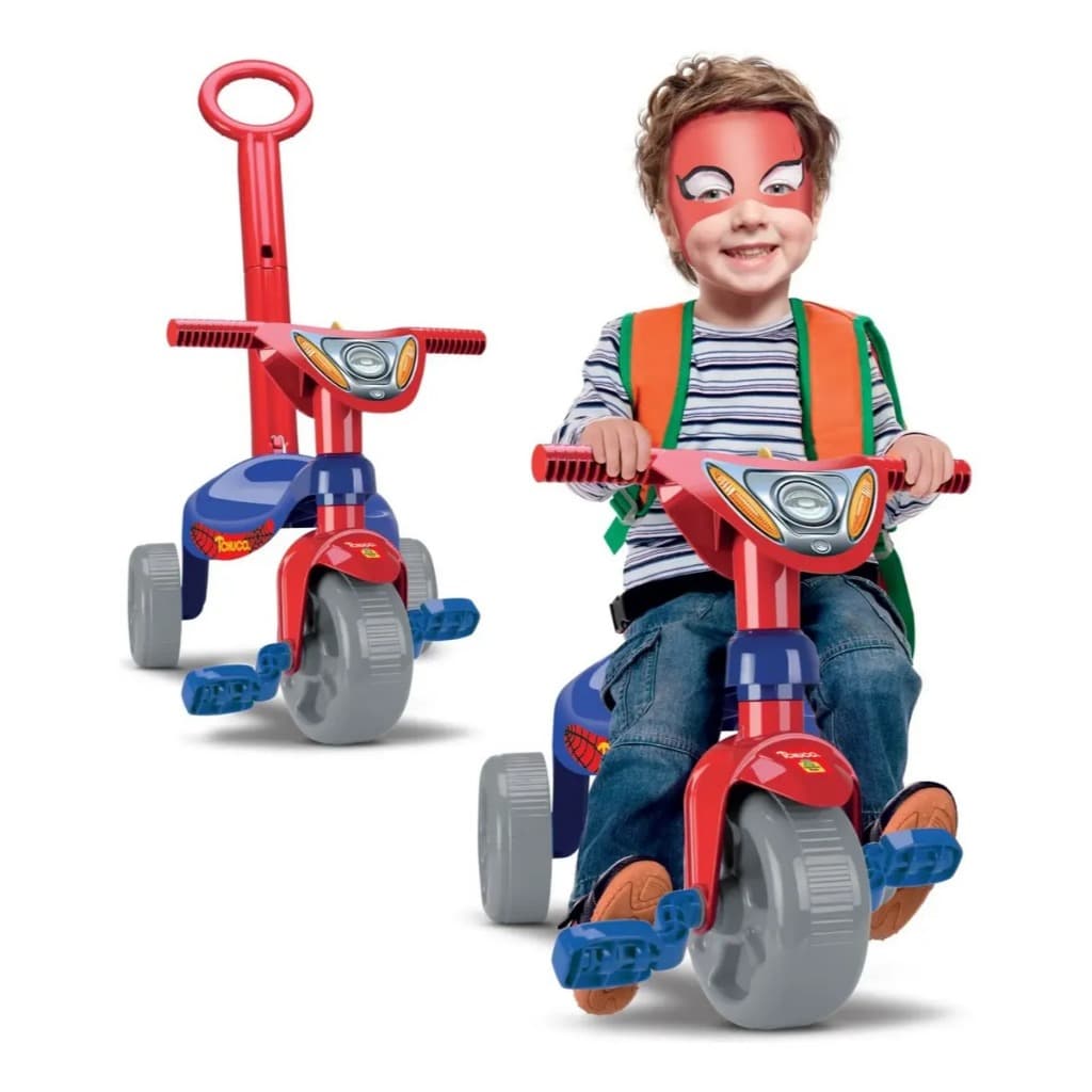 Triciclo Infantil Tchuco Heróis Super Teia com Haste Empurrador 3 Rodas Samba Toys