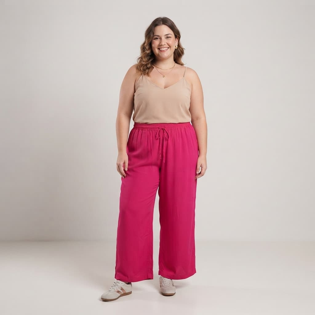 Calça Pantalona Feminina Rosa Pink Wide Leg Cintura Alta Elástico