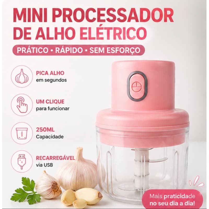 Mini Processador de Alho Elétrico USB Recarregável 250ml | Triturador de Alho, Cebola e Temperos