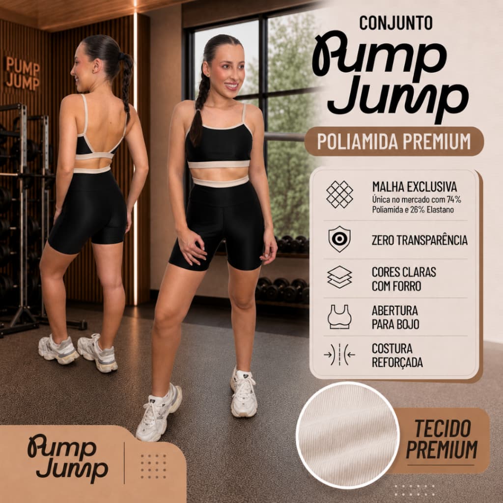 Conjunto Bicolor Top Fita Bermuda Poliamida Premium Micro Canelada Fitness