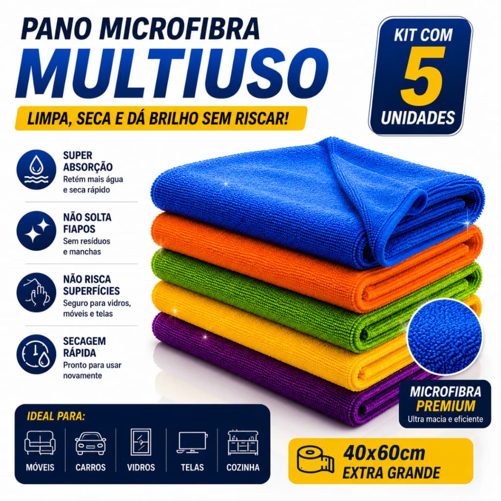 Kit com 5 - Pano De Chão Microfibra Gigante 60x40cm - Neves - Multiuso - Limpeza Geral - Multicores