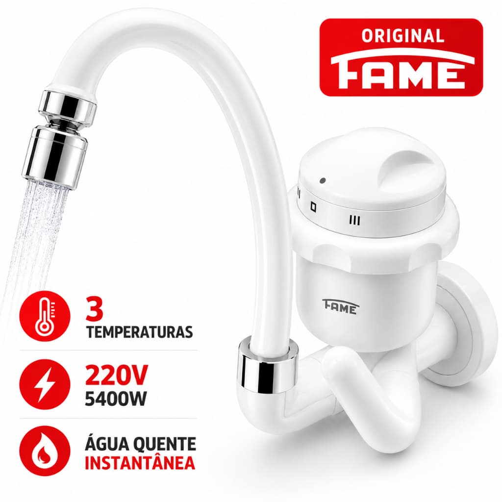 Torneira Elétrica Fame 220V 5400W 3 Temperaturas Parede Cozinha Água Quente Instantânea Original