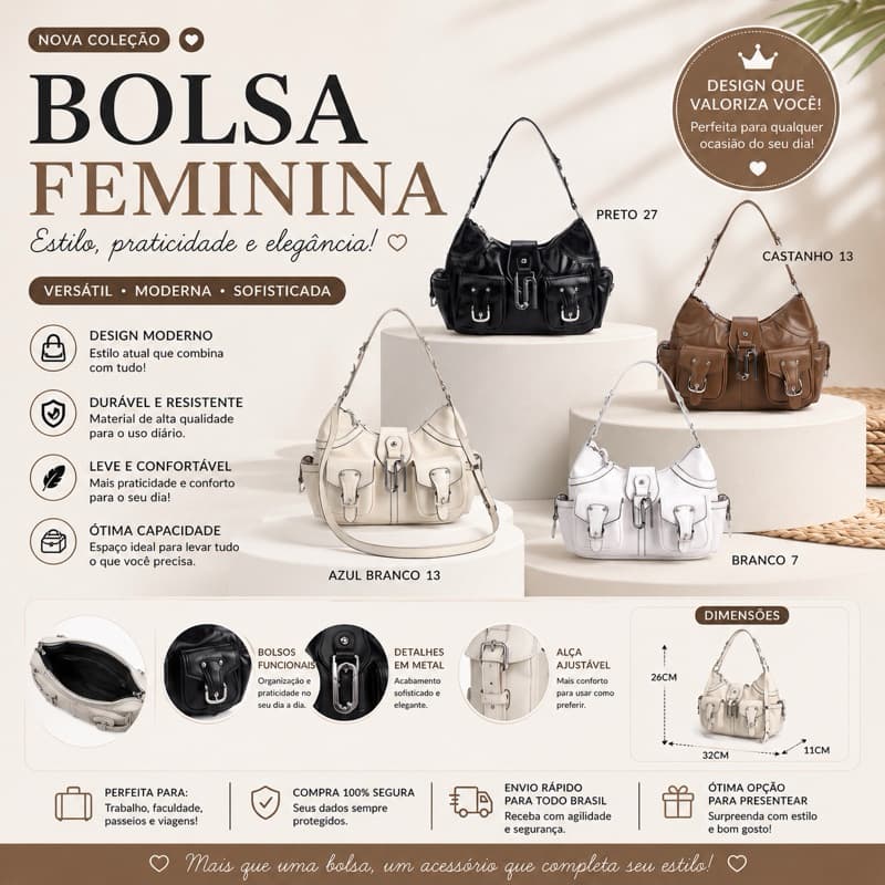 Bolsa Feminina Grande de Ombro com Bolsos | Bolsa Casual Fashion em PU Premium | Espaçosa e Elegante F110