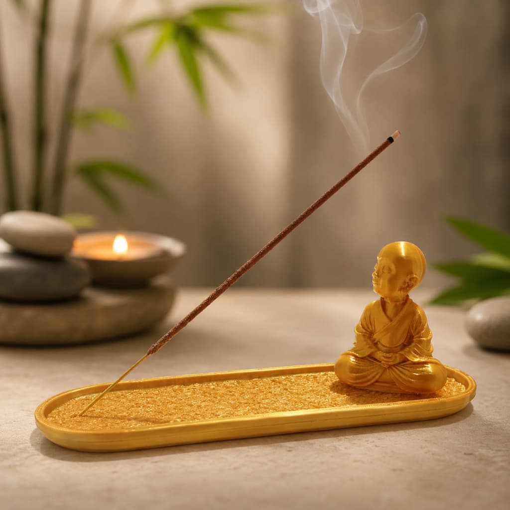 Incensário Buda Monge com Bandeja Porta Incenso Vareta Decoração Zen Sala Quarto Presente