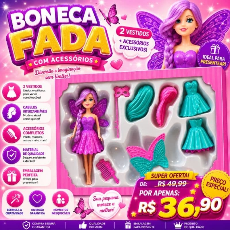 🧚‍♀️Boneca Fada Abbie com Vestidos e Acessórios Brinquedo Infantil +3 Anos🧚‍♀️