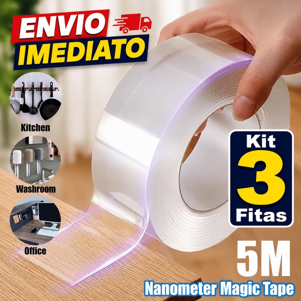 Kit 3/2 Fita Dupla Face 5 Metros Extra Forte Transparente NanoGel Silicone Mágica Adesiva Cola na Parede Móvel Porta