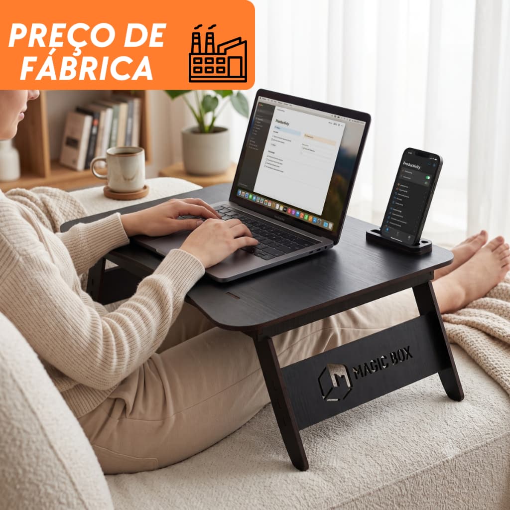 Mesa Home Office Para Notebook Dobrável Porta Celular Em MDF Preta