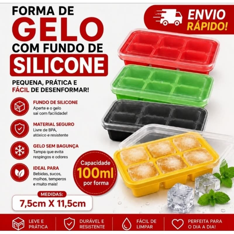 Mini Forma De Gelo Com Tampa Fundo De Silicone Kit 2 Papinha de Bebê 11,5cm x 7cm 6 Divisórias Versátil 100ml Por Forma